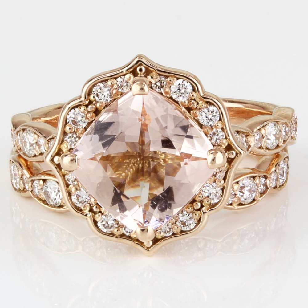 LaMore 14k Rose Gold Morganite & Diamond Bridal Engagement Ring Wedding Band Set